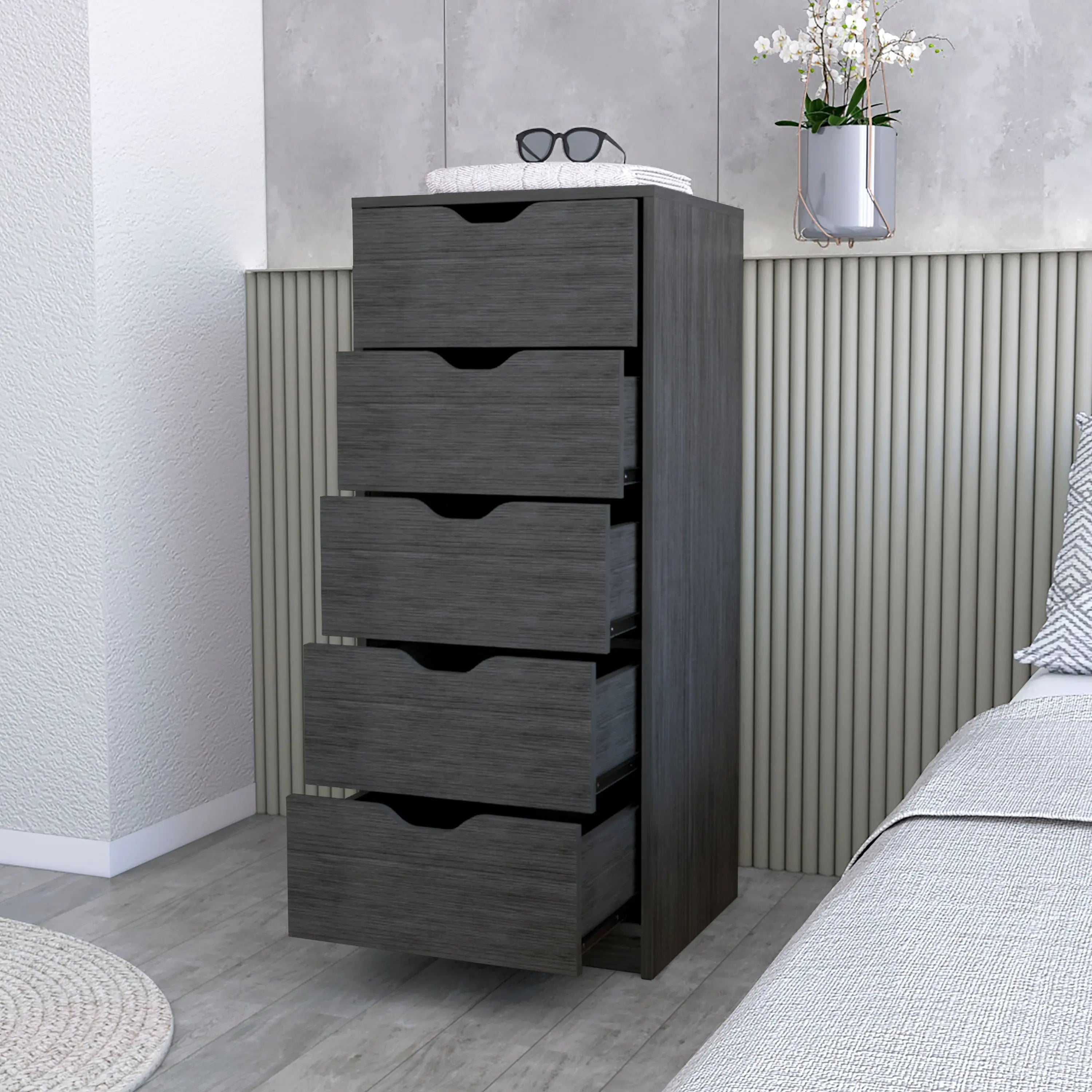18" Gray Wood Five Drawer Dresser Homeroots Bed & Bath