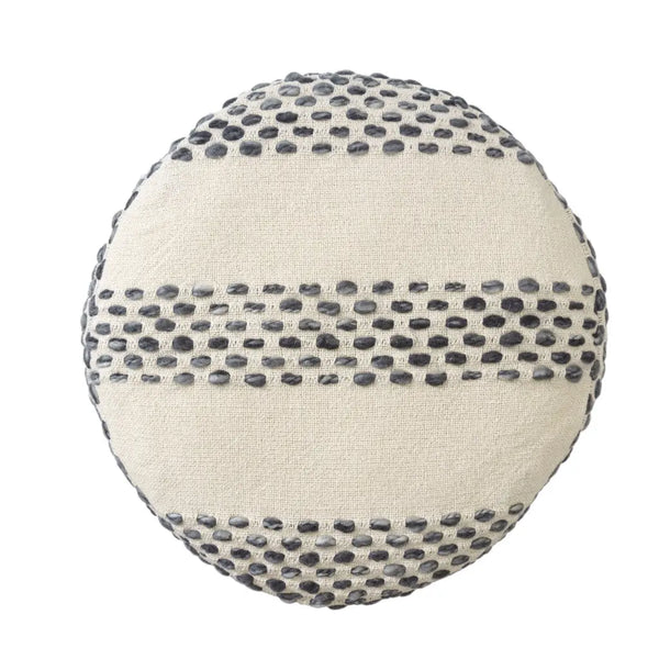 18" Ivory And Blue Cotton Blend Round Striped Pouf Ottoman Homeroots Living Room
