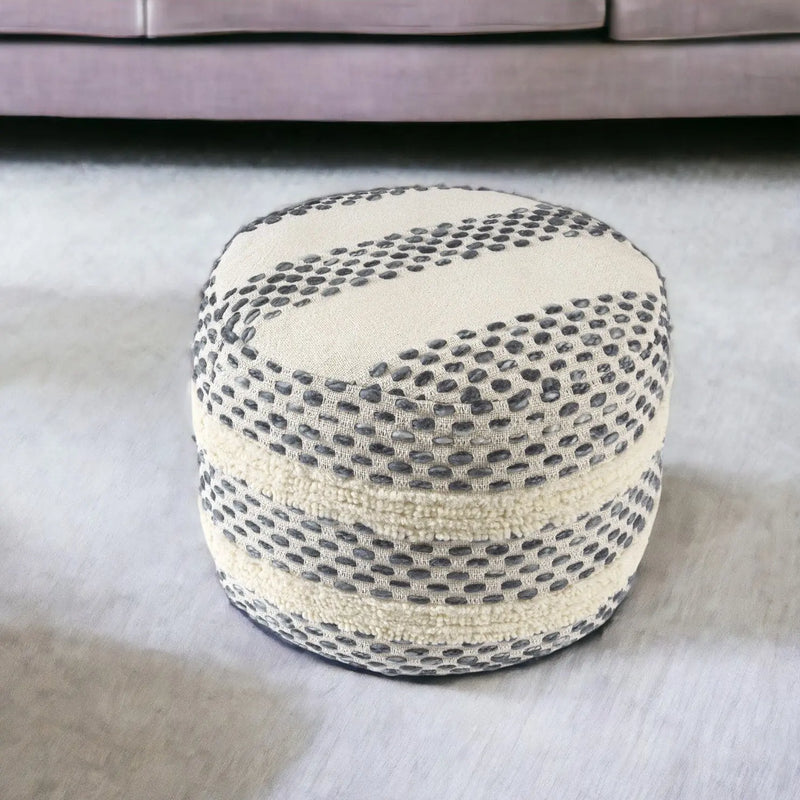 18" Ivory And Blue Cotton Blend Round Striped Pouf Ottoman Homeroots Living Room