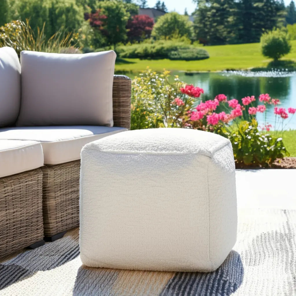18" Ivory Polyester Cube Outdoor Pouf Ottoman Homeroots Outdoor