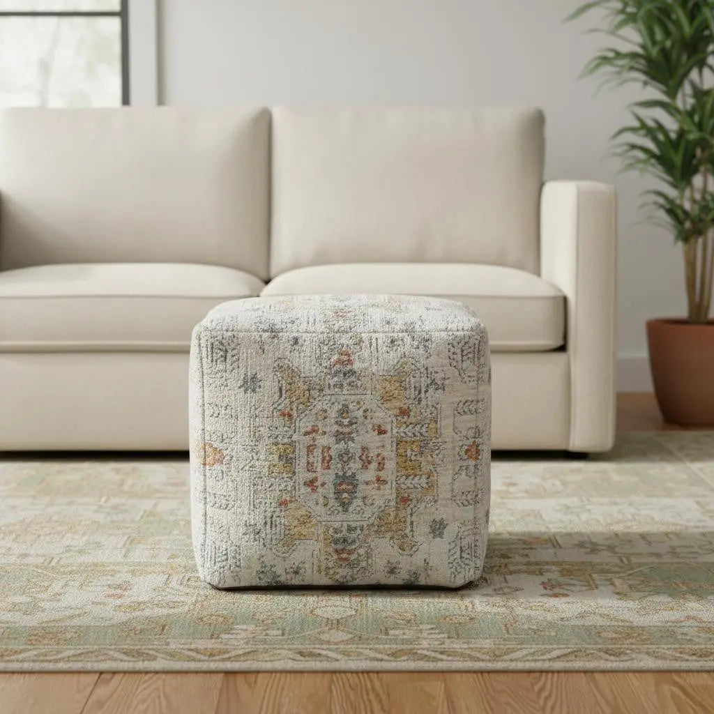 18" Ivory and Light Gray Upholstered Medallion Pouf Ottoman Homeroots Living Room