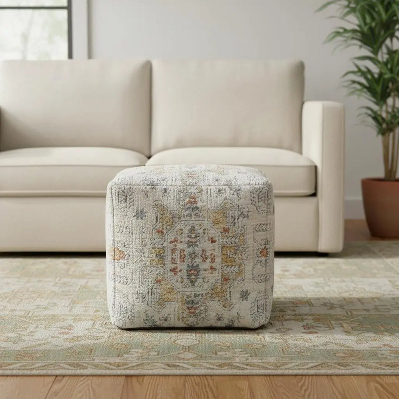 18" Ivory and Light Gray Upholstered Medallion Pouf Ottoman Homeroots Living Room