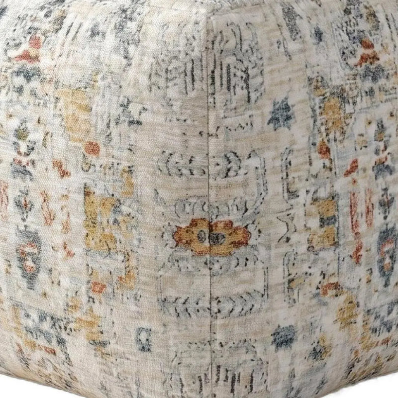 18" Ivory and Light Gray Upholstered Medallion Pouf Ottoman Homeroots Living Room