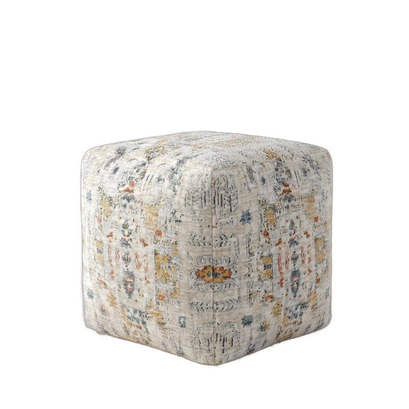 18" Ivory and Light Gray Upholstered Medallion Pouf Ottoman Homeroots Living Room