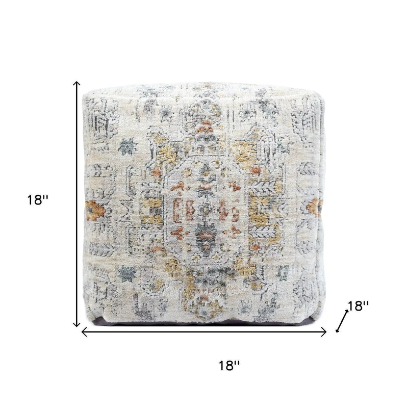 18" Ivory and Light Gray Upholstered Medallion Pouf Ottoman Homeroots Living Room