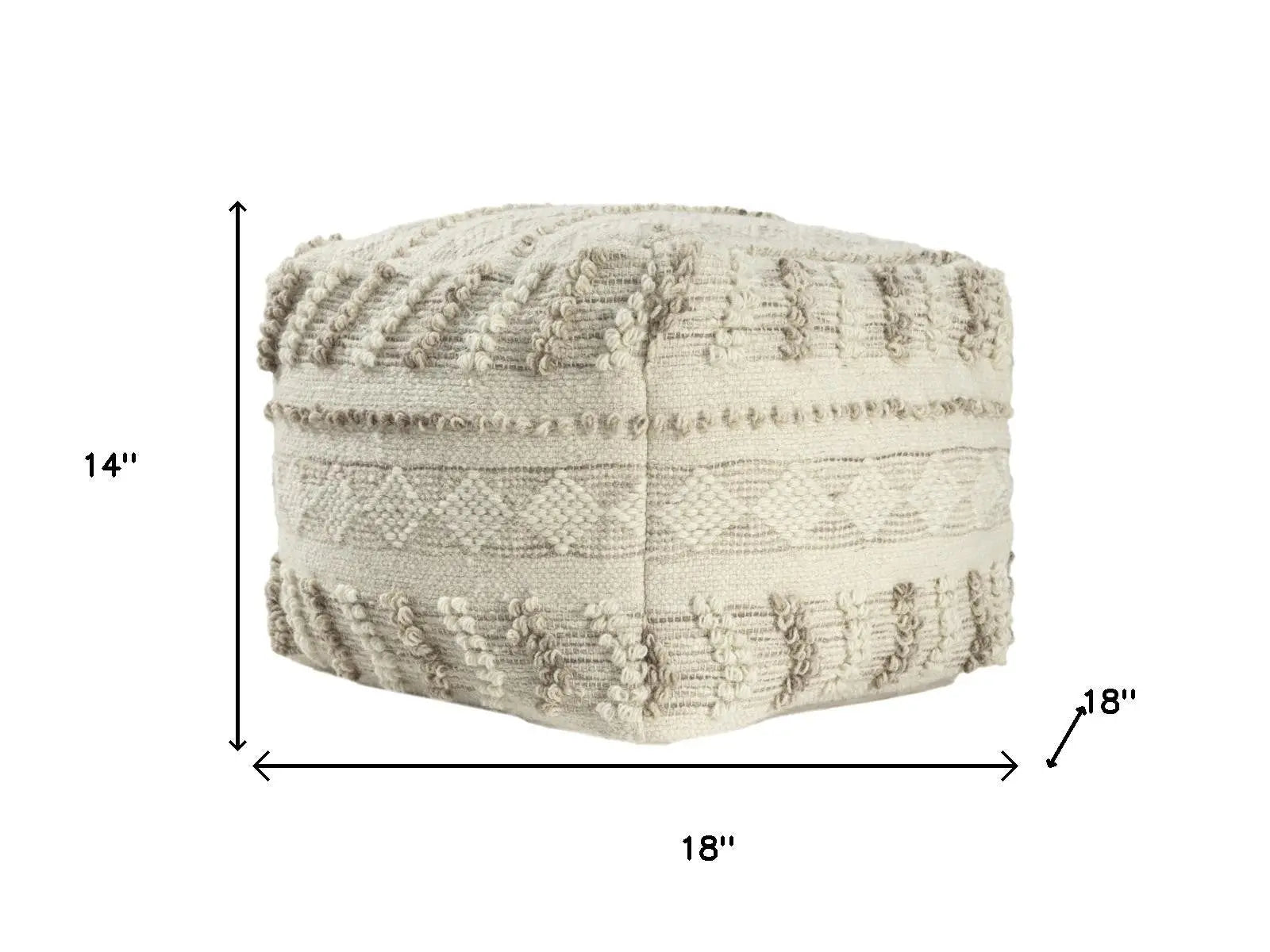 18" Ivory and Natural Cotton And Wool Striped Pouf Ottoman Homeroots Living Room