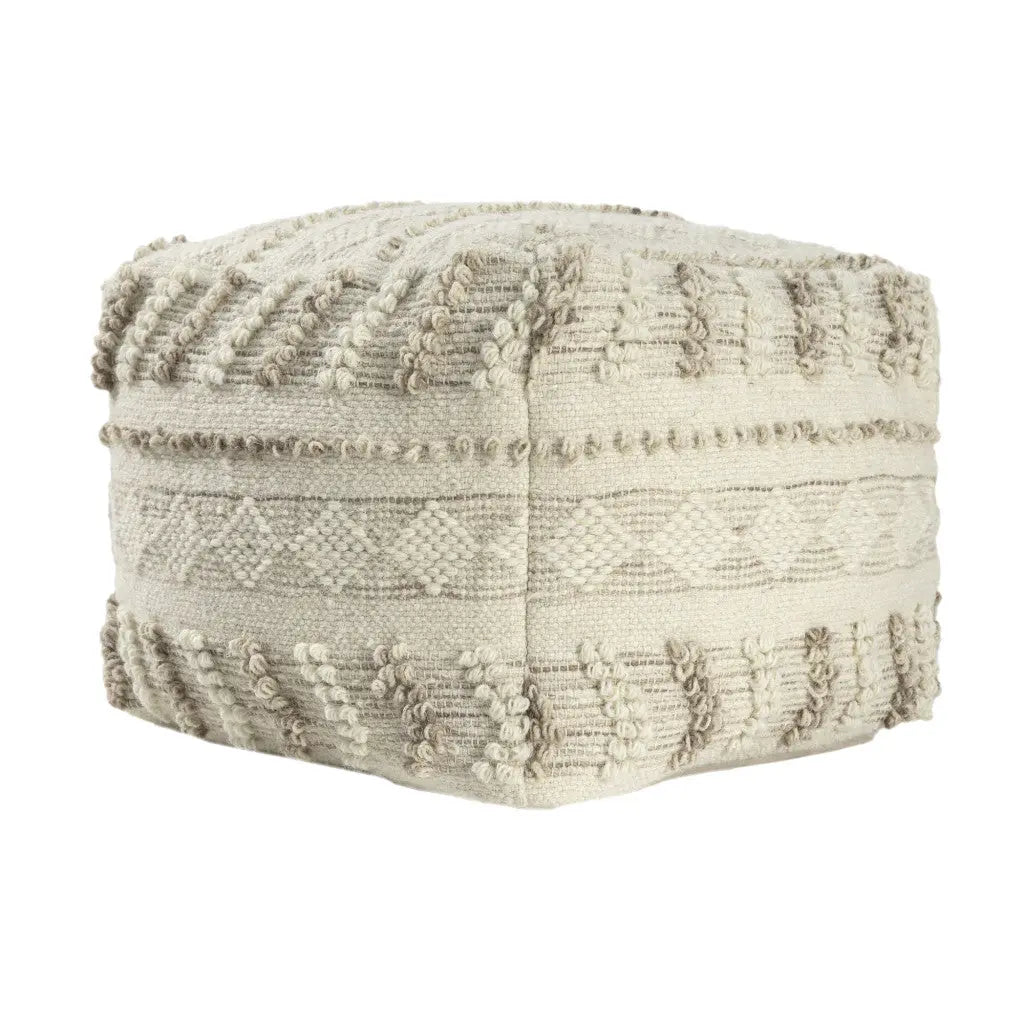 18" Ivory and Natural Cotton And Wool Striped Pouf Ottoman Homeroots Living Room