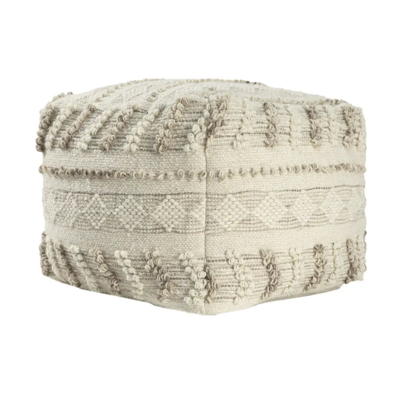 18" Ivory and Natural Cotton And Wool Striped Pouf Ottoman Homeroots Living Room
