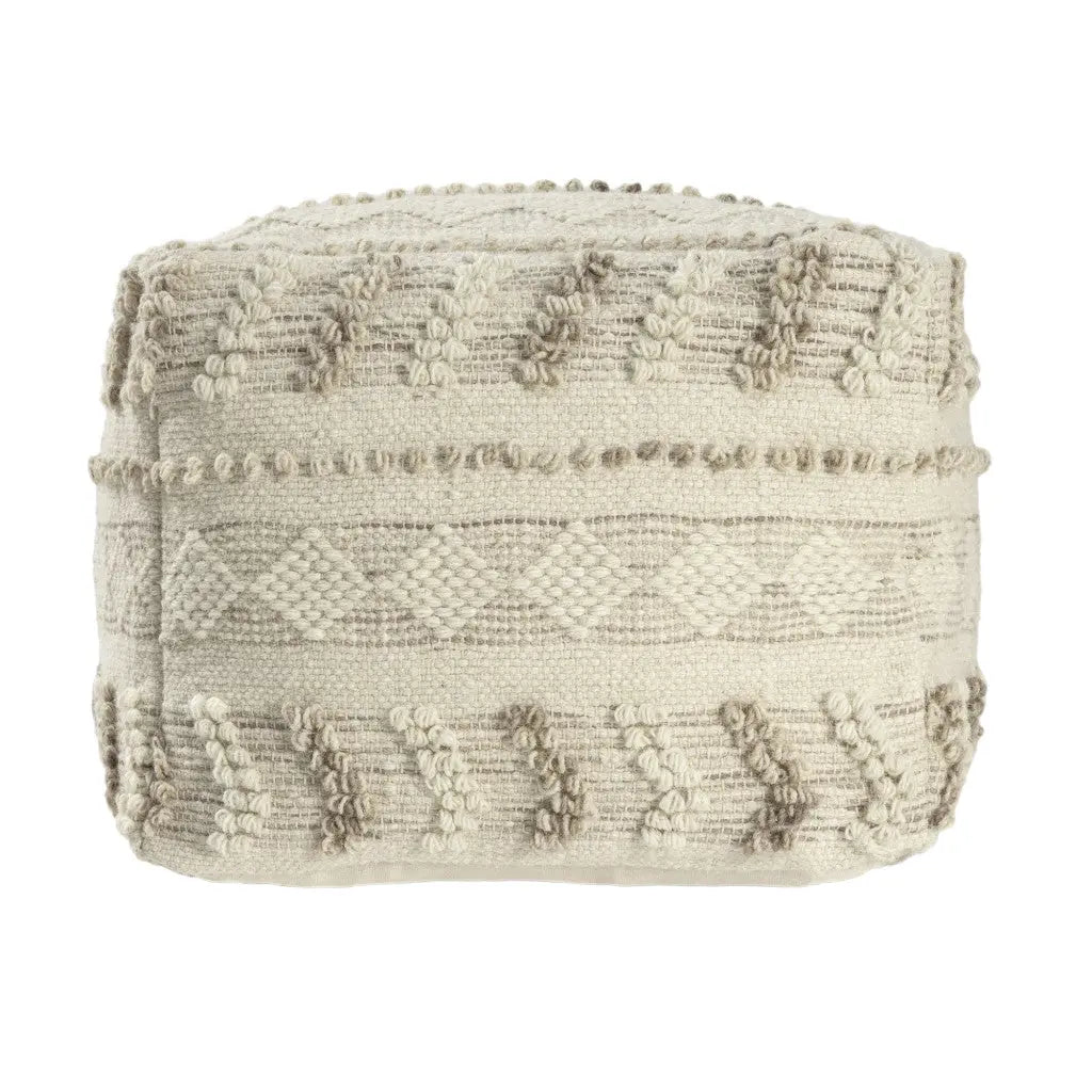 18" Ivory and Natural Cotton And Wool Striped Pouf Ottoman Homeroots Living Room