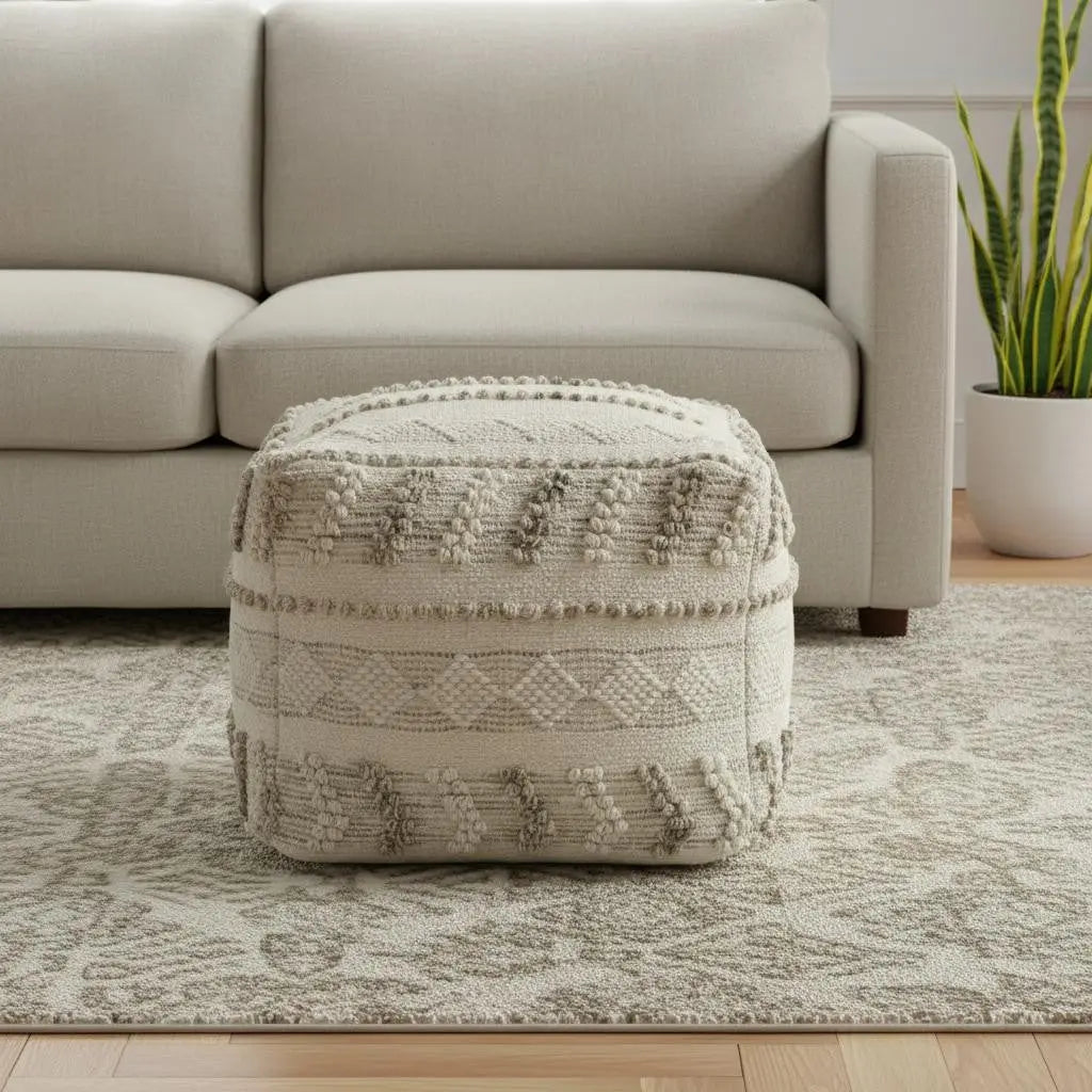 18" Ivory and Natural Cotton And Wool Striped Pouf Ottoman Homeroots Living Room