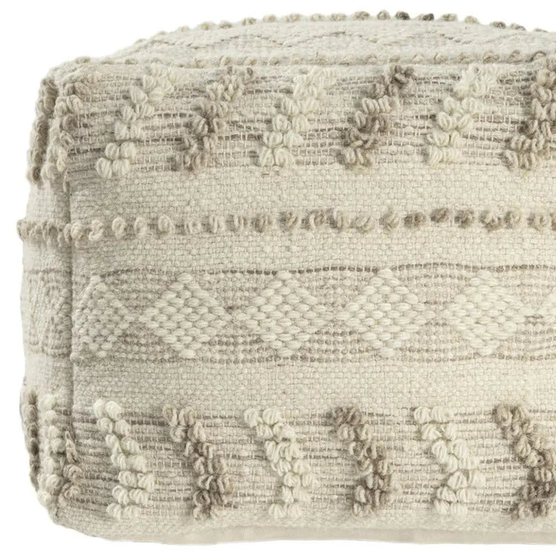18" Ivory and Natural Cotton And Wool Striped Pouf Ottoman Homeroots Living Room