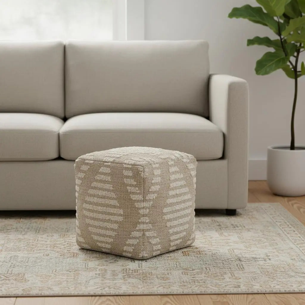 18" Ivory and Natural Cotton Jute And Wool Geometric Cube Pouf Ottoman Homeroots Living Room