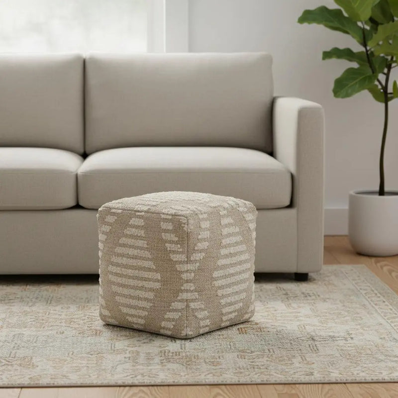 18" Ivory and Natural Cotton Jute And Wool Geometric Cube Pouf Ottoman Homeroots Living Room