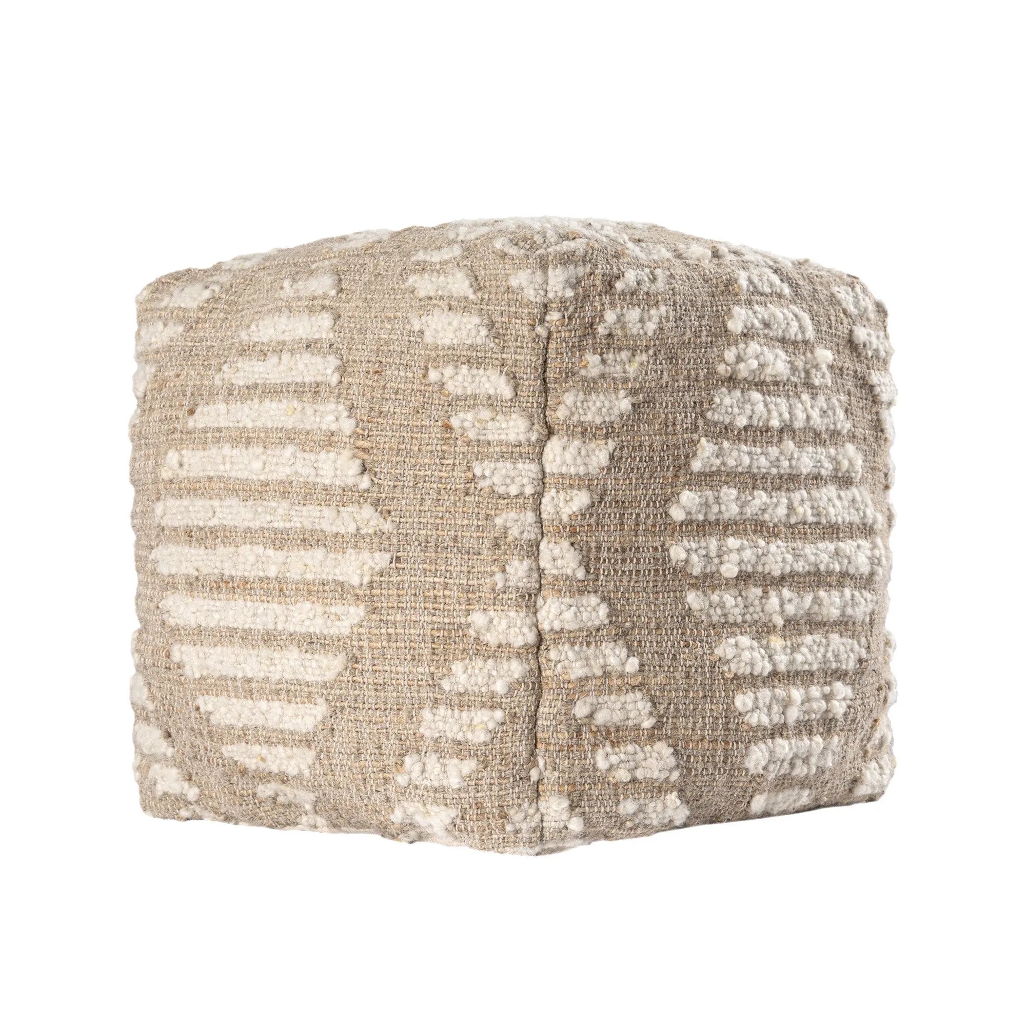18" Ivory and Natural Cotton Jute And Wool Geometric Cube Pouf Ottoman Homeroots Living Room