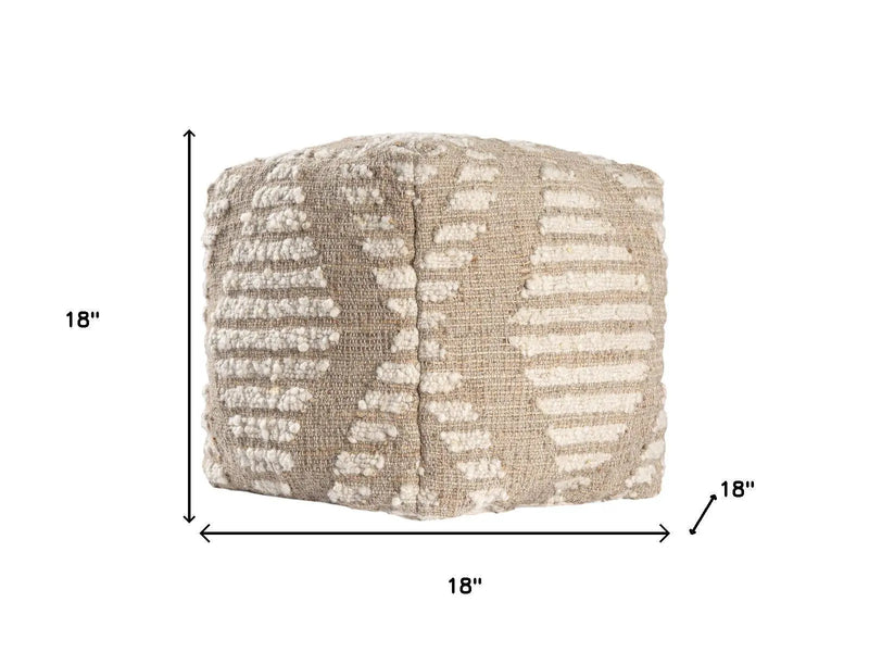 18" Ivory and Natural Cotton Jute And Wool Geometric Cube Pouf Ottoman Homeroots Living Room