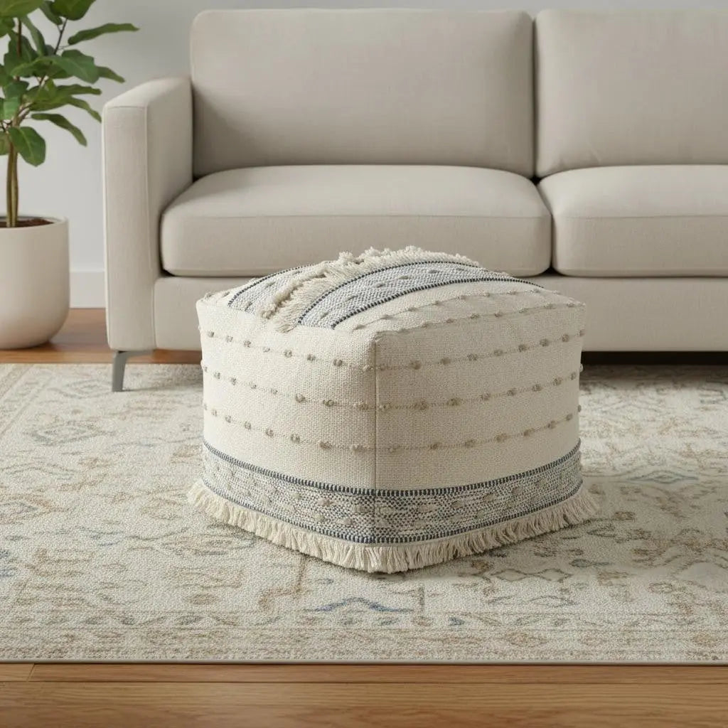 18" Ivory and Navy Blue Cotton and Wool Striped Pouf Ottoman Homeroots Living Room