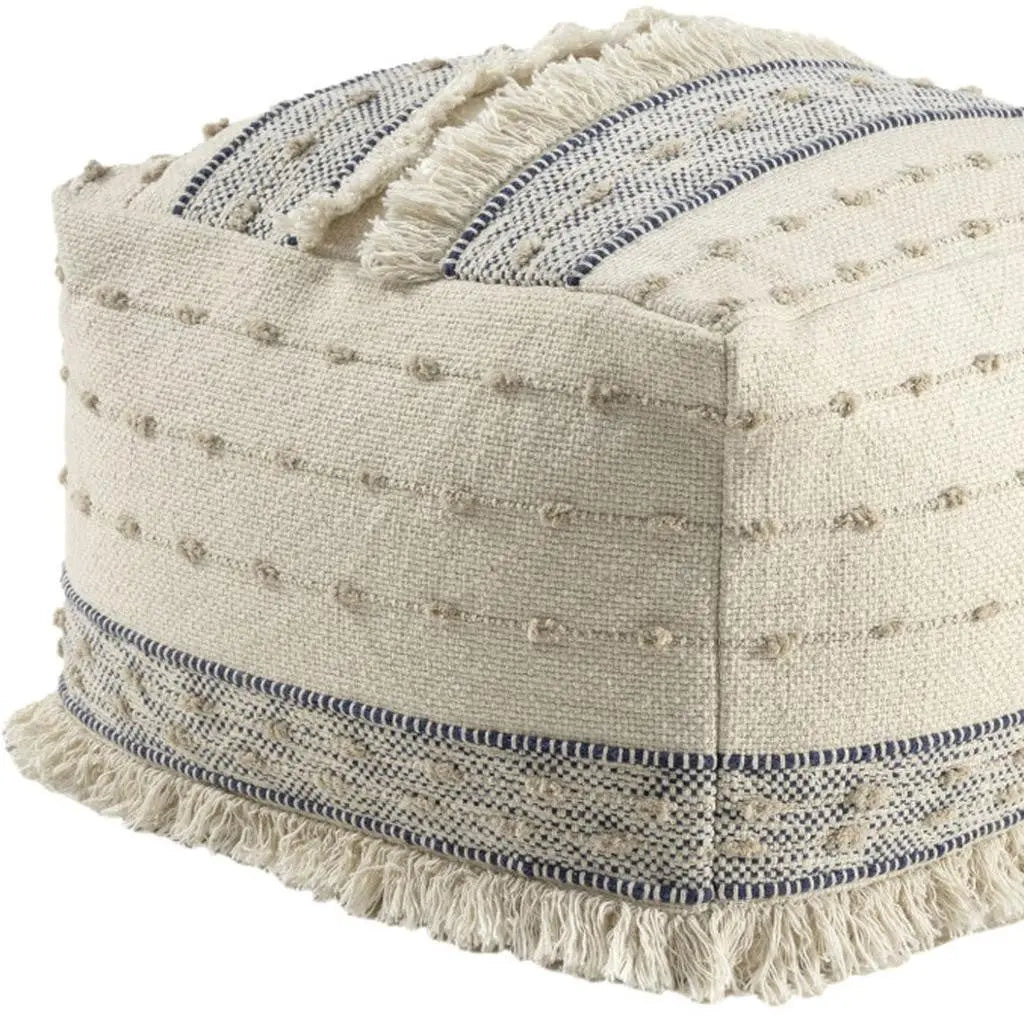 18" Ivory and Navy Blue Cotton and Wool Striped Pouf Ottoman Homeroots Living Room