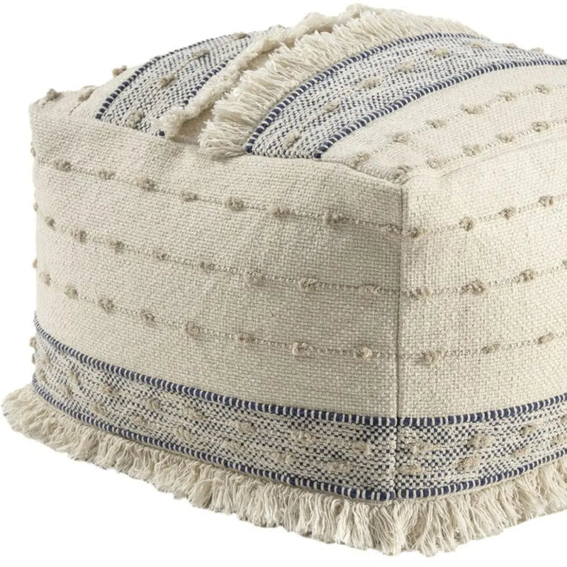 18" Ivory and Navy Blue Cotton and Wool Striped Pouf Ottoman Homeroots Living Room
