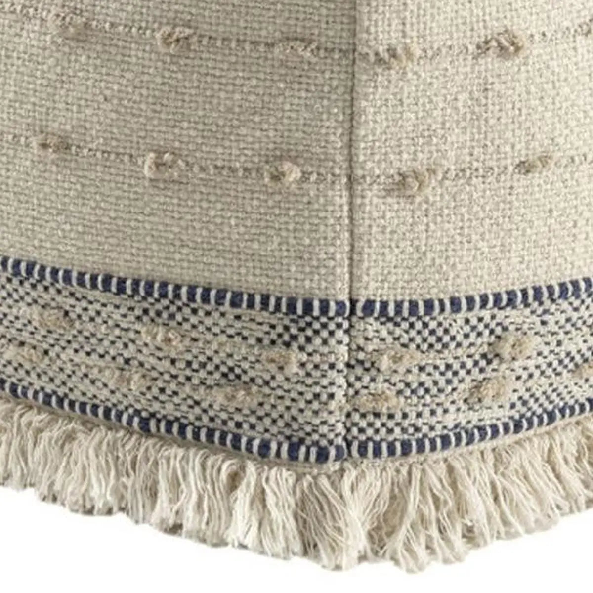 18" Ivory and Navy Blue Cotton and Wool Striped Pouf Ottoman Homeroots Living Room