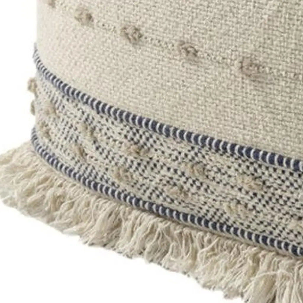 18" Ivory and Navy Blue Cotton and Wool Striped Pouf Ottoman Homeroots Living Room