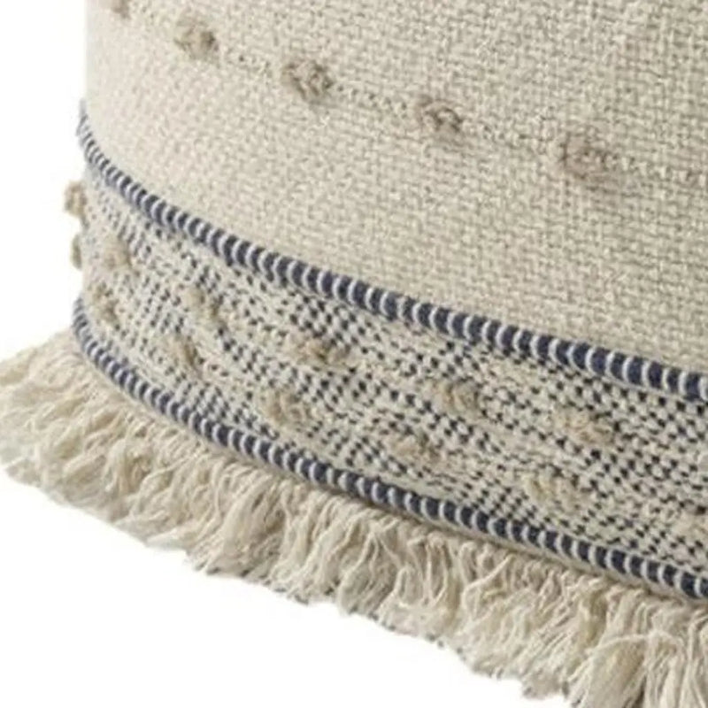 18" Ivory and Navy Blue Cotton and Wool Striped Pouf Ottoman Homeroots Living Room