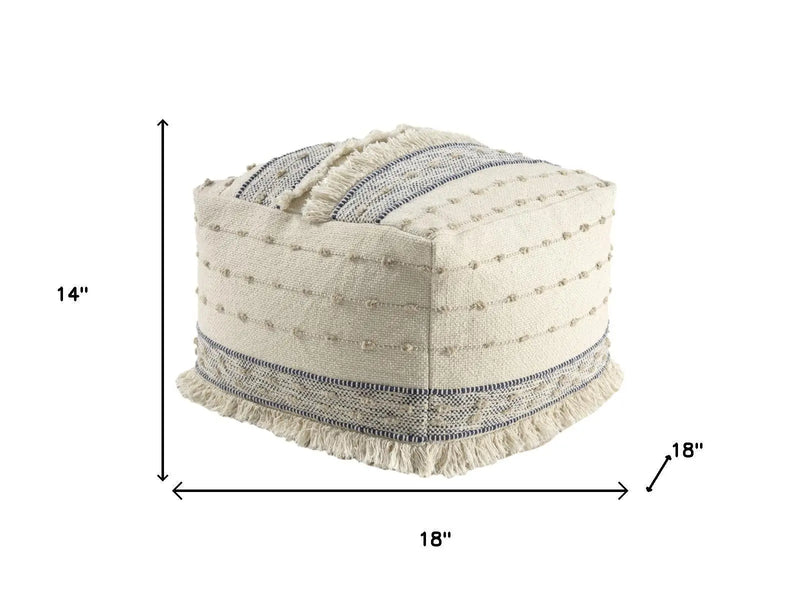 18" Ivory and Navy Blue Cotton and Wool Striped Pouf Ottoman Homeroots Living Room
