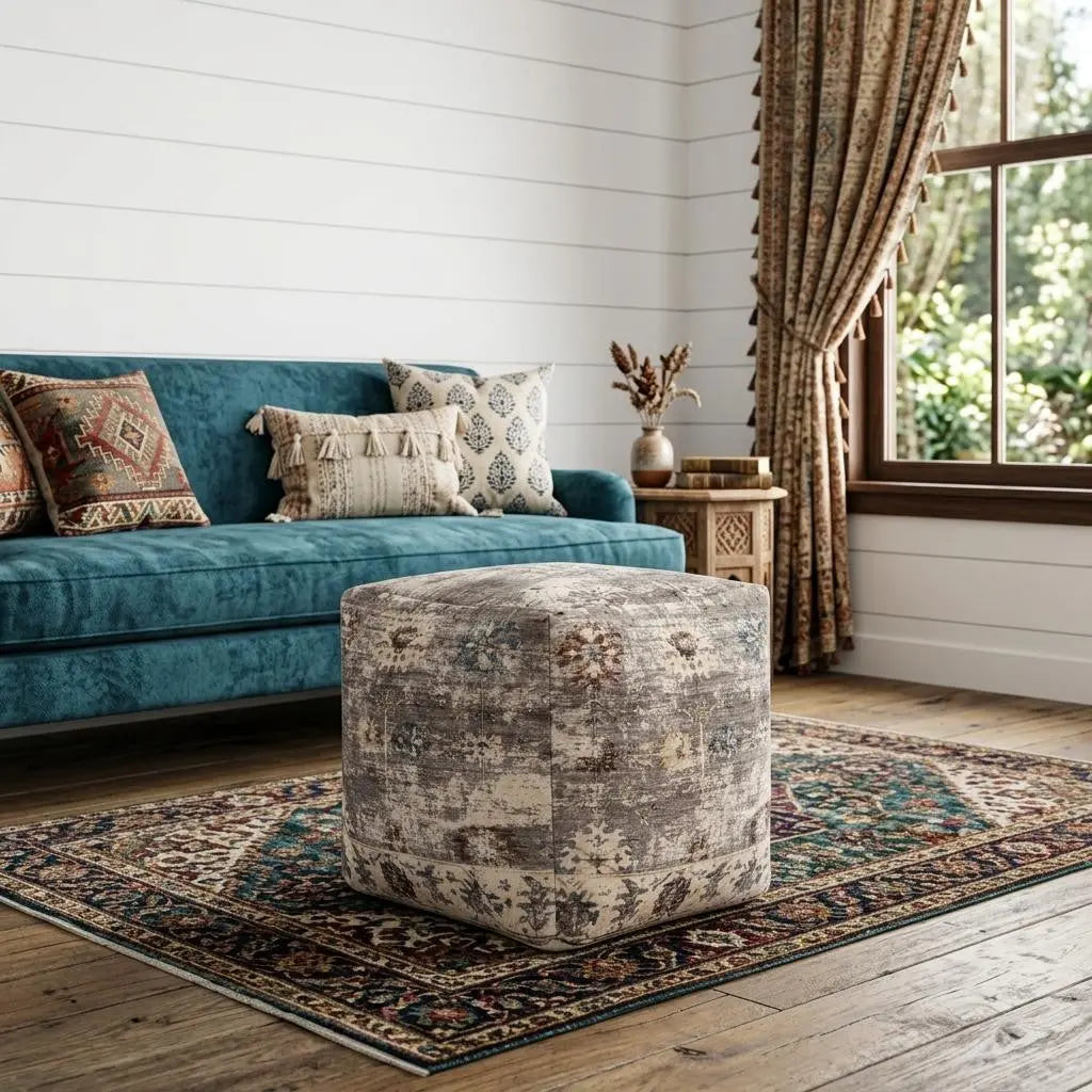 18" Ivory and Taupe Upholstered Medallion Pouf Ottoman Homeroots Living Room