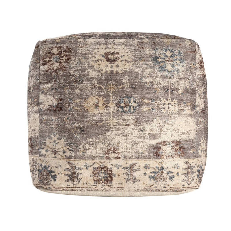 Vintage-style square pouf in muted gray and cream with intricate floral patterns, perfect for boho decor.