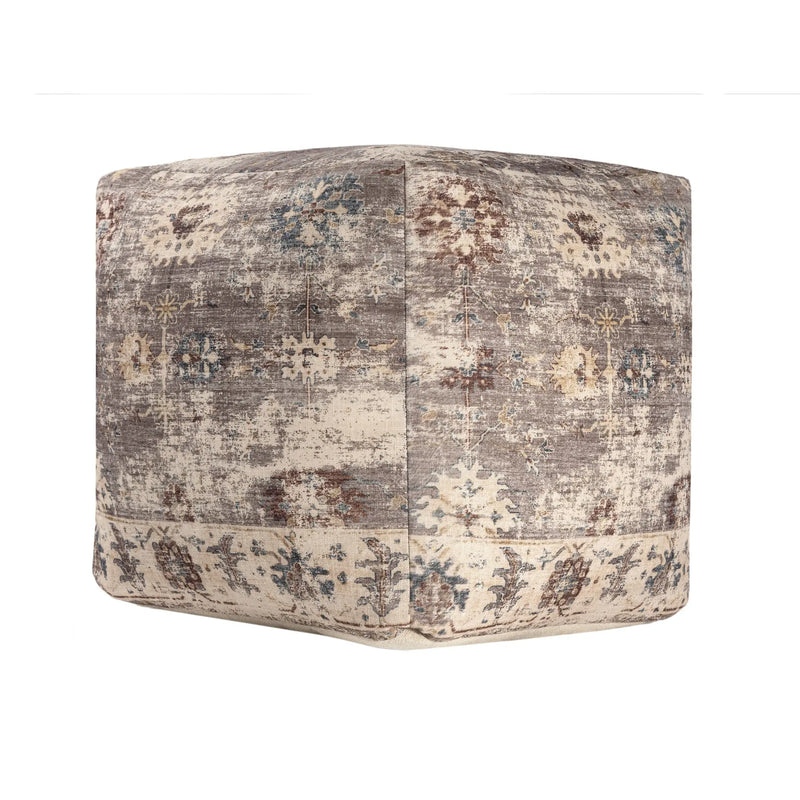 Vintage-style decorative pouf in beige and muted blue patterns, featuring a soft fabric and cube shape for versatile decor.