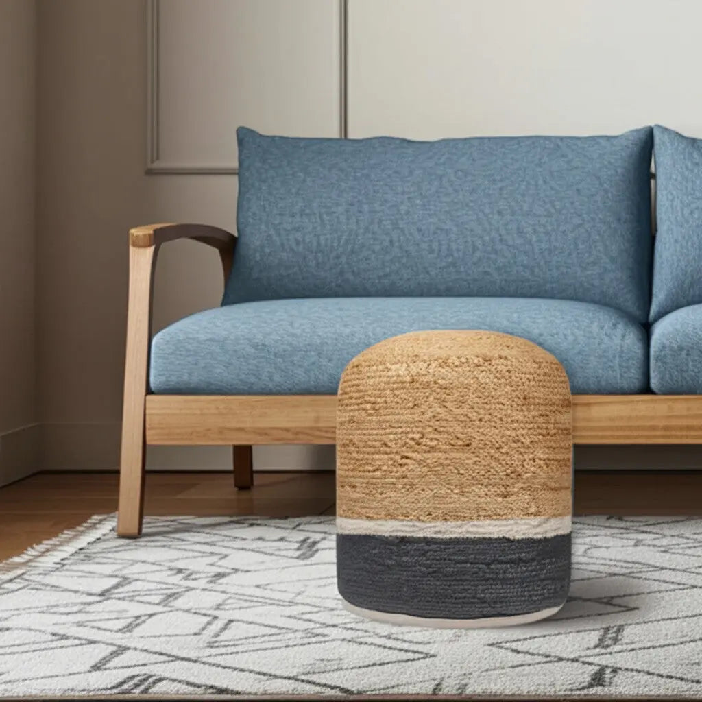 18" Natural And Gray Jute Blend Cylinder Striped Pouf Ottoman Homeroots Living Room
