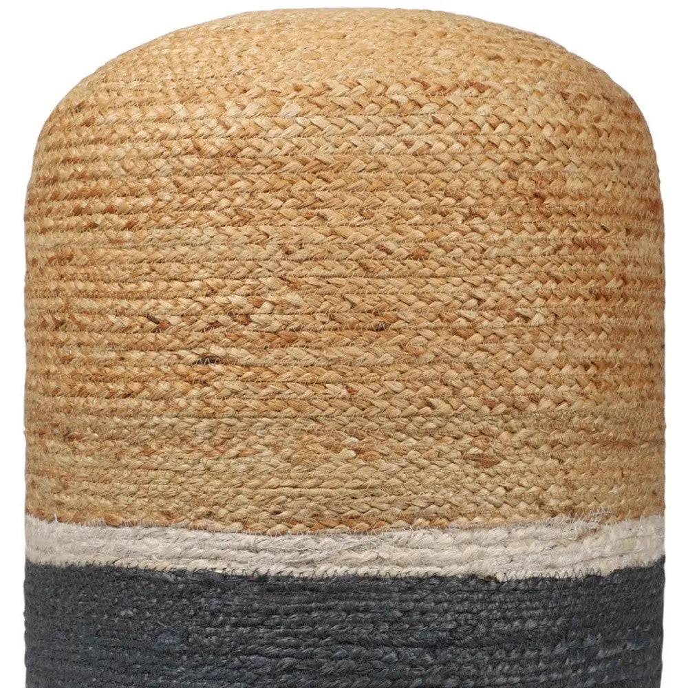 18" Natural And Gray Jute Blend Cylinder Striped Pouf Ottoman Homeroots Living Room