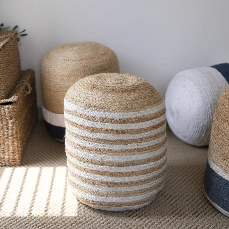 18" Natural And Gray Jute Blend Cylinder Striped Pouf Ottoman Homeroots Living Room