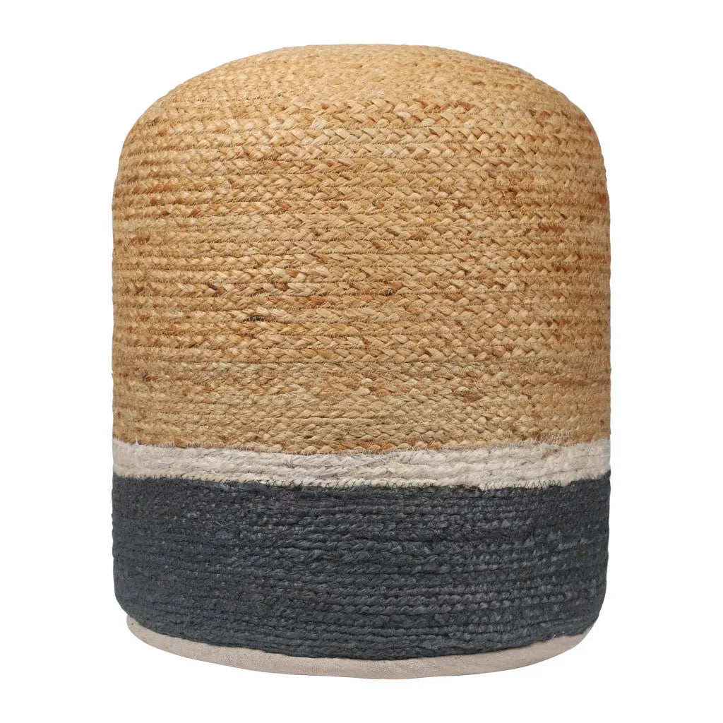 18" Natural And Gray Jute Blend Cylinder Striped Pouf Ottoman Homeroots Living Room