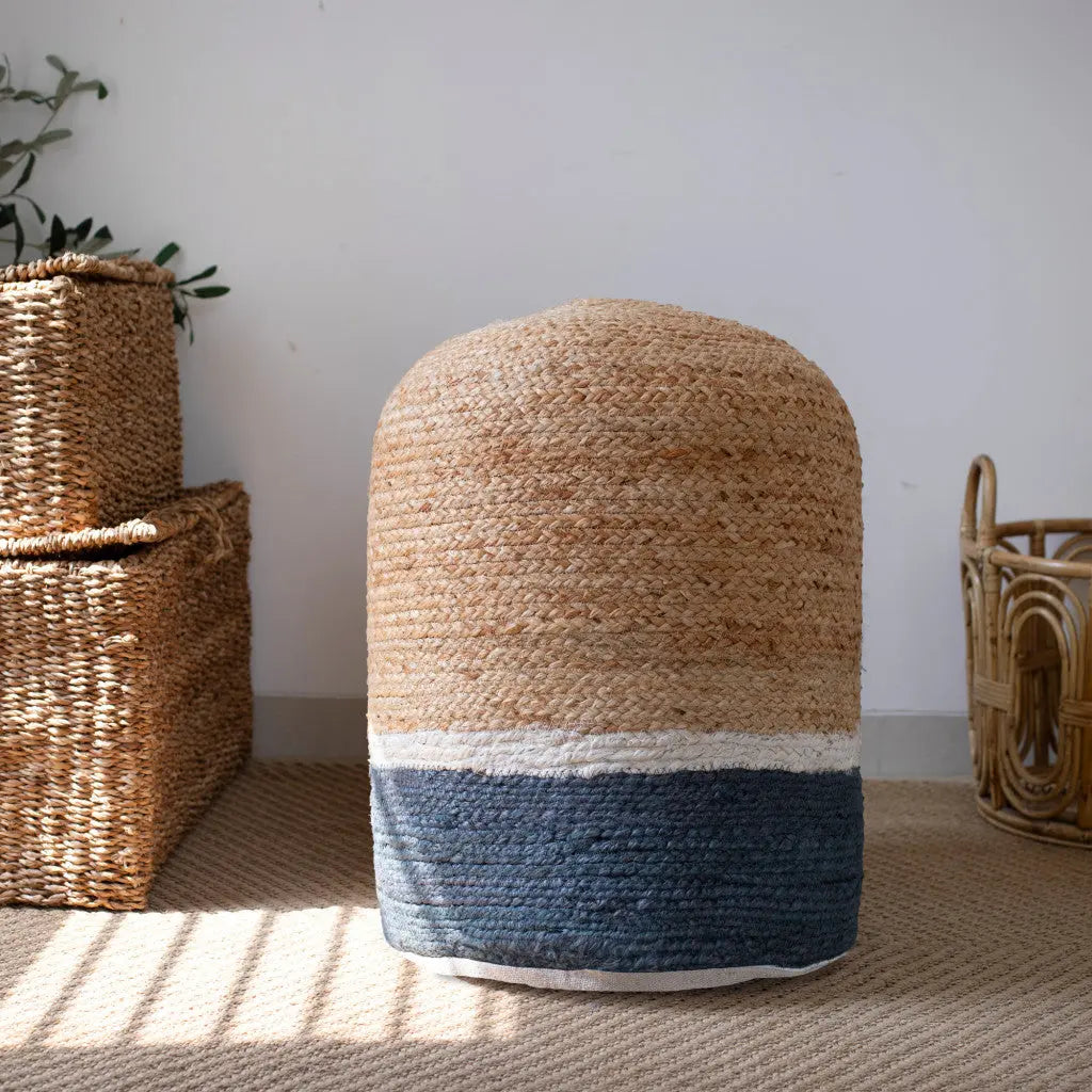 18" Natural And Gray Jute Blend Cylinder Striped Pouf Ottoman Homeroots Living Room