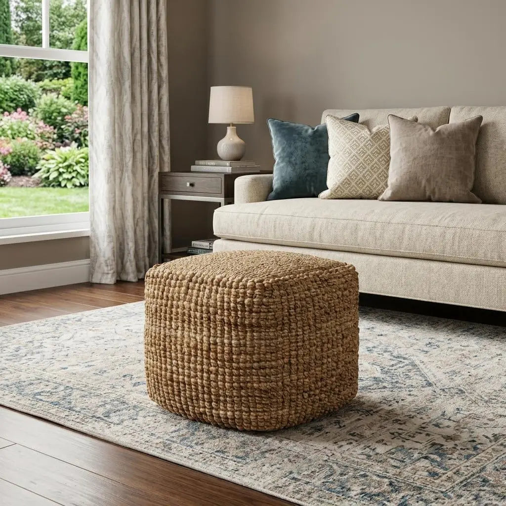 18" Natural Jute Blend Cube Pouf Ottoman Homeroots Living Room