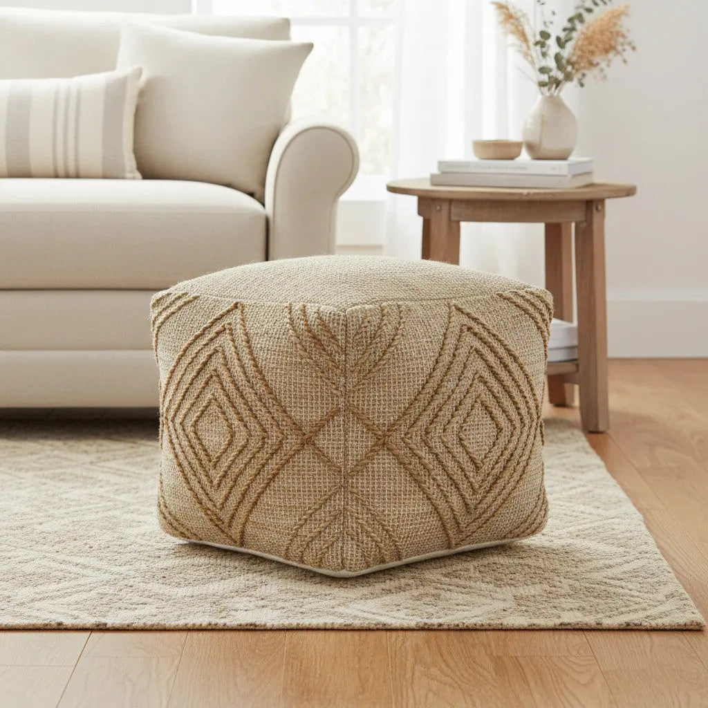 18" Natural Jute Blend Geometric Cube Pouf Ottoman Homeroots Living Room