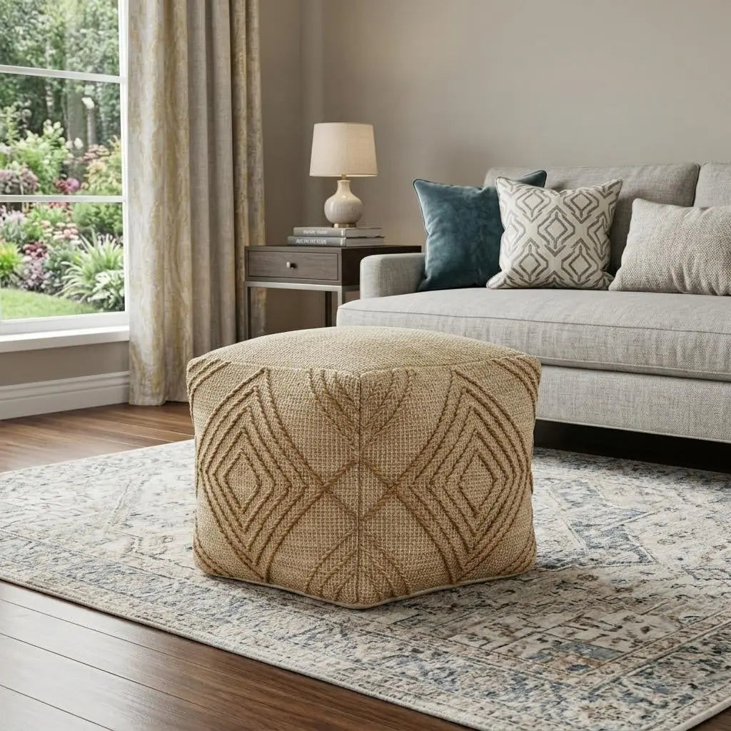 18" Natural Jute Blend Geometric Cube Pouf Ottoman Homeroots Living Room