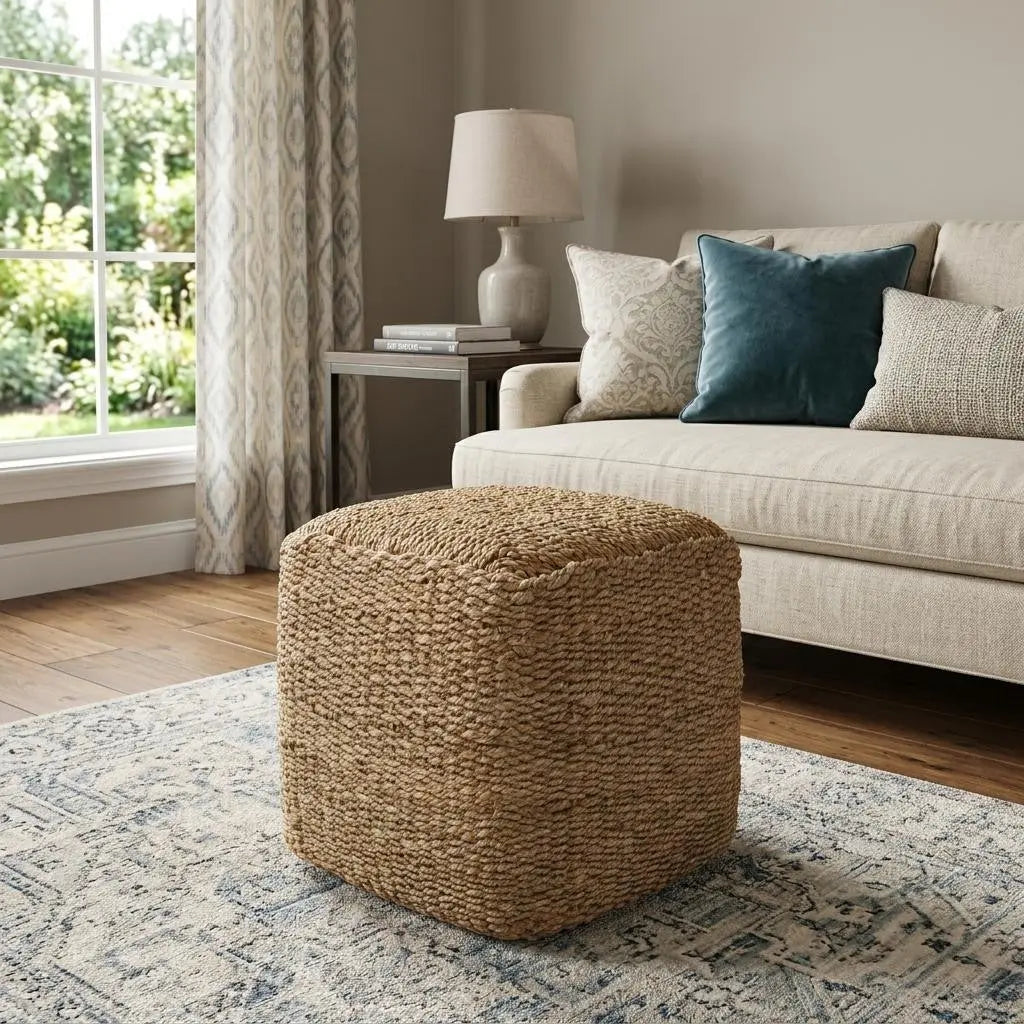 18" Natural Jute Woven Blend Cube Pouf Ottoman Homeroots Living Room