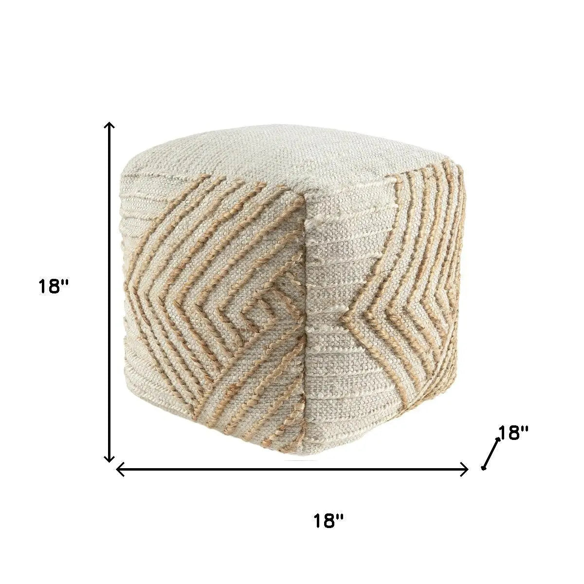 18" Natural and Off White Cotton Jute And Wool Geometric Cube Pouf Ottoman Homeroots Living Room