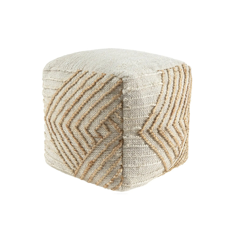18" Natural and Off White Cotton Jute And Wool Geometric Cube Pouf Ottoman Homeroots Living Room