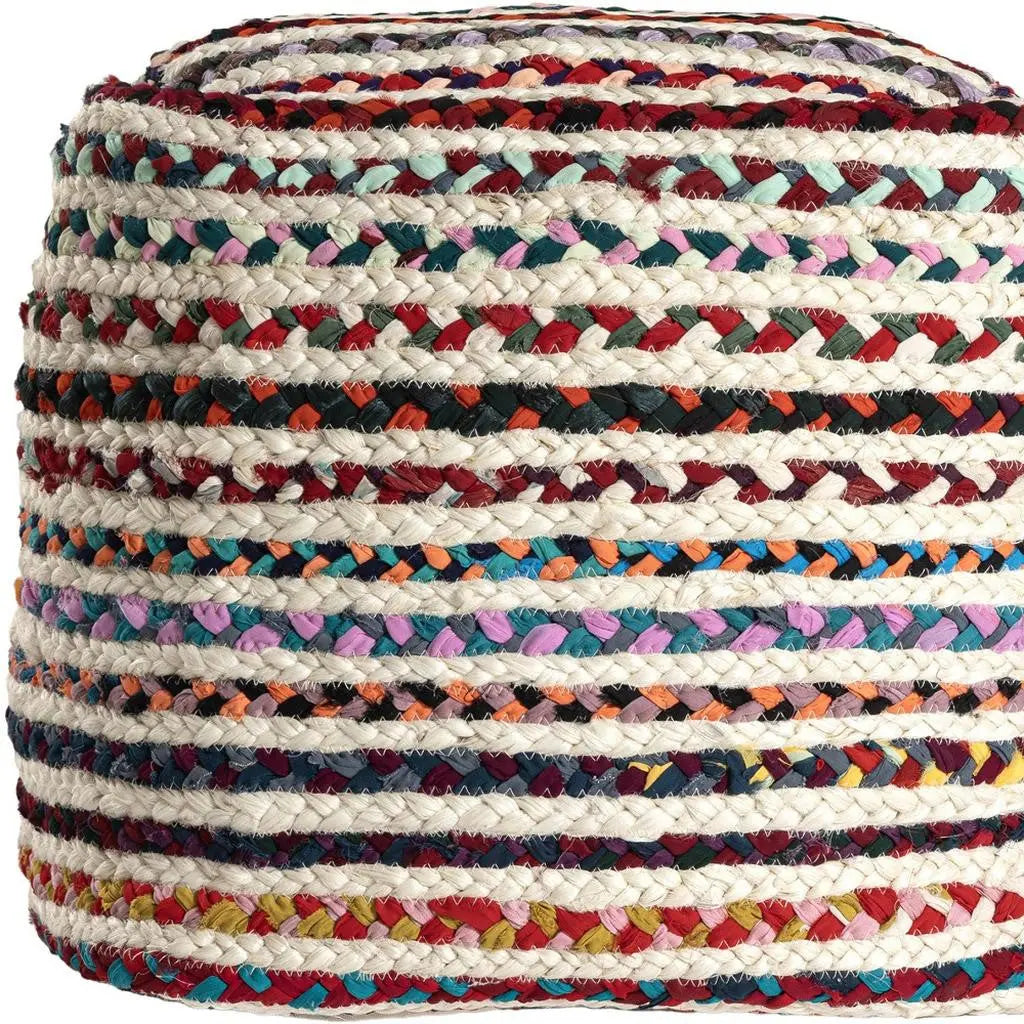 18" Natural and Rainbow Jute and Upholstery Striped Pouf Ottoman Homeroots Living Room