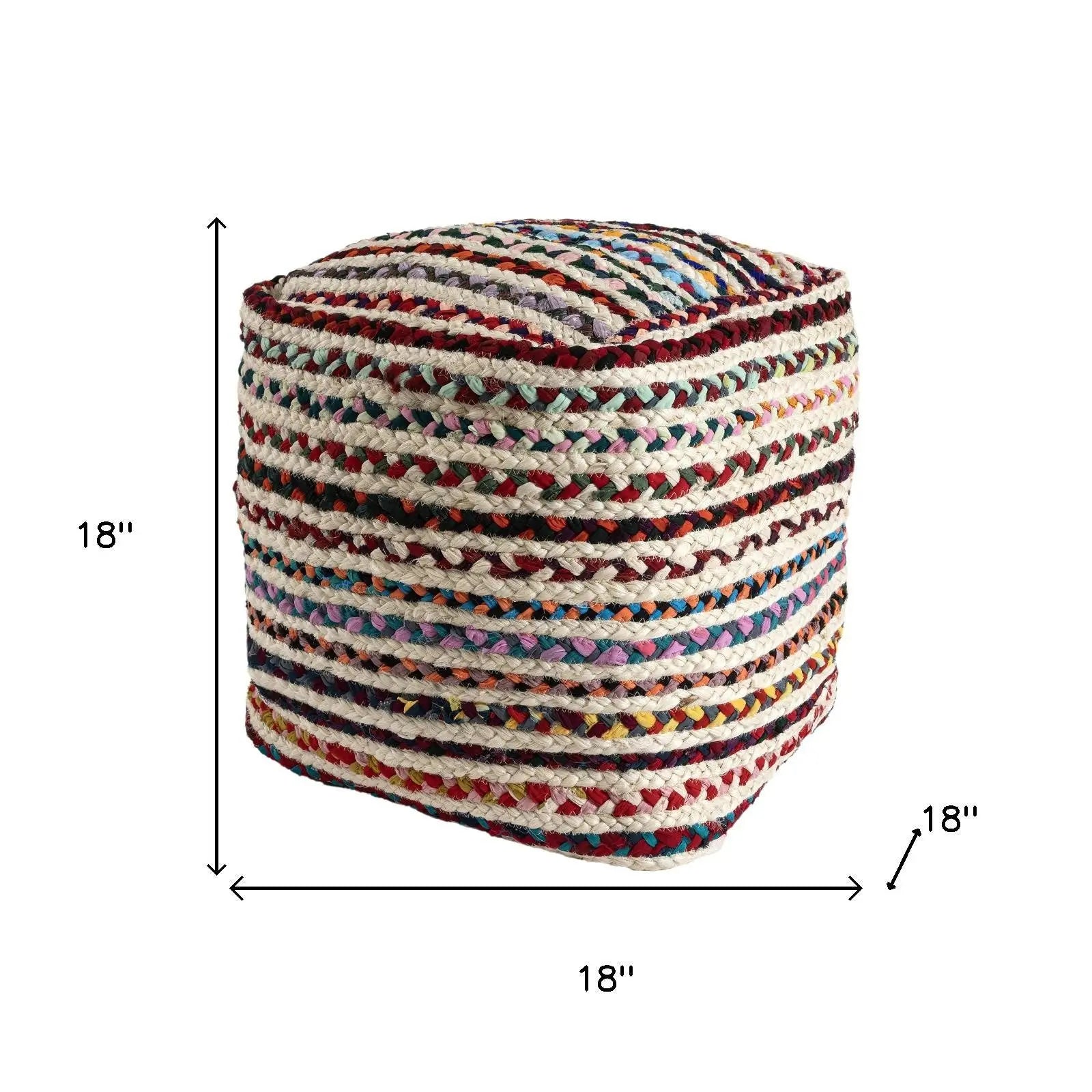 18" Natural and Rainbow Jute and Upholstery Striped Pouf Ottoman Homeroots Living Room
