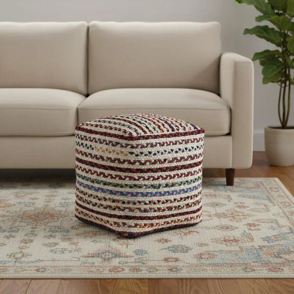 18" Natural and Rainbow Jute and Upholstery Striped Pouf Ottoman Homeroots Living Room