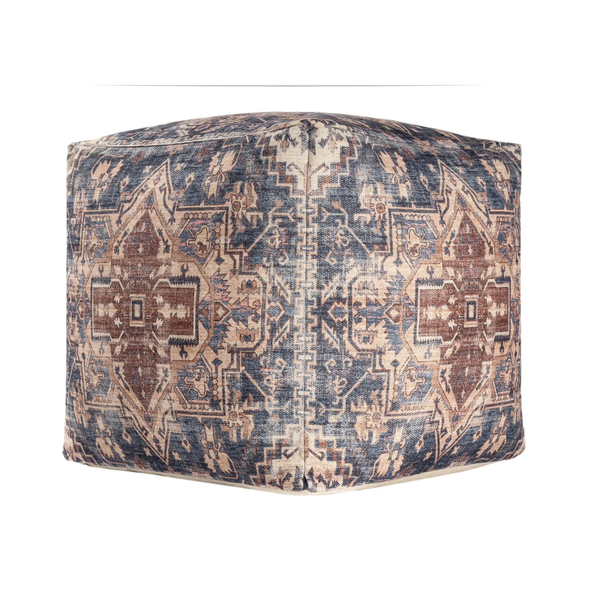18" Navy Blue and Terra Cotta Upholstered Medallion Pouf Ottoman Homeroots Living Room