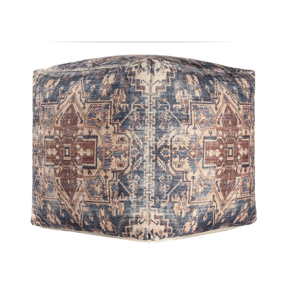 18" Navy Blue and Terra Cotta Upholstered Medallion Pouf Ottoman Homeroots Living Room