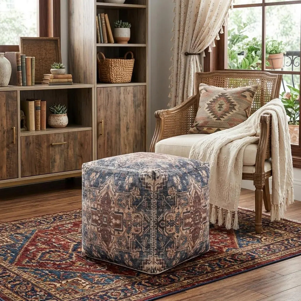 18" Navy Blue and Terra Cotta Upholstered Medallion Pouf Ottoman Homeroots Living Room
