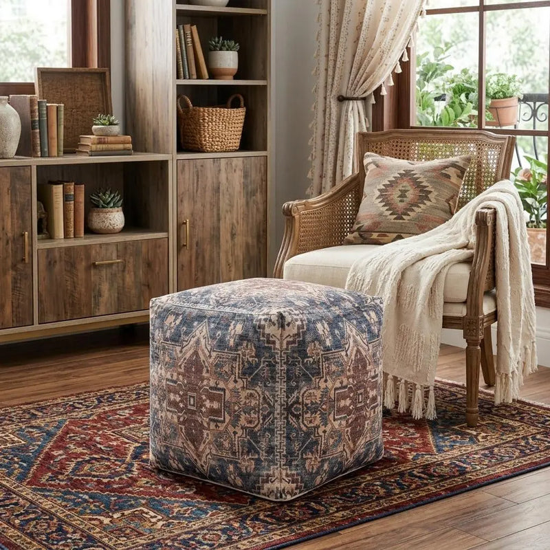 18" Navy Blue and Terra Cotta Upholstered Medallion Pouf Ottoman Homeroots Living Room