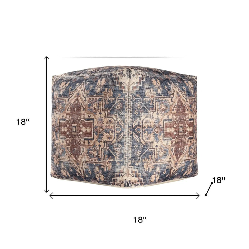 18" Navy Blue and Terra Cotta Upholstered Medallion Pouf Ottoman Homeroots Living Room
