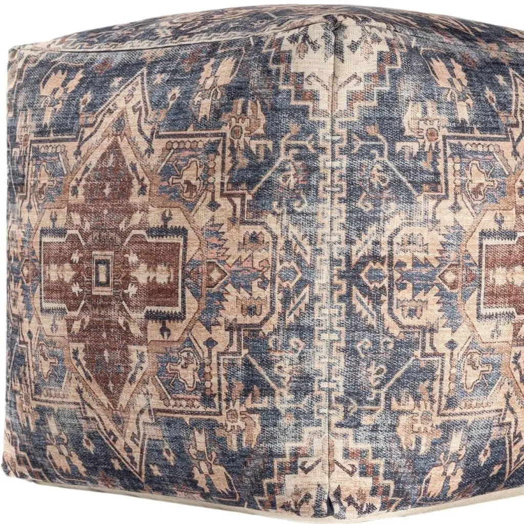 18" Navy Blue and Terra Cotta Upholstered Medallion Pouf Ottoman Homeroots Living Room