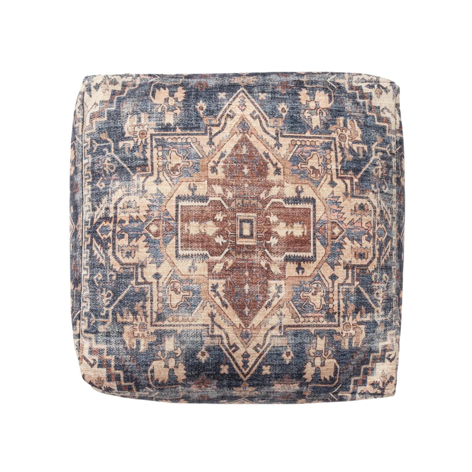 18" Navy Blue and Terra Cotta Upholstered Medallion Pouf Ottoman Homeroots Living Room